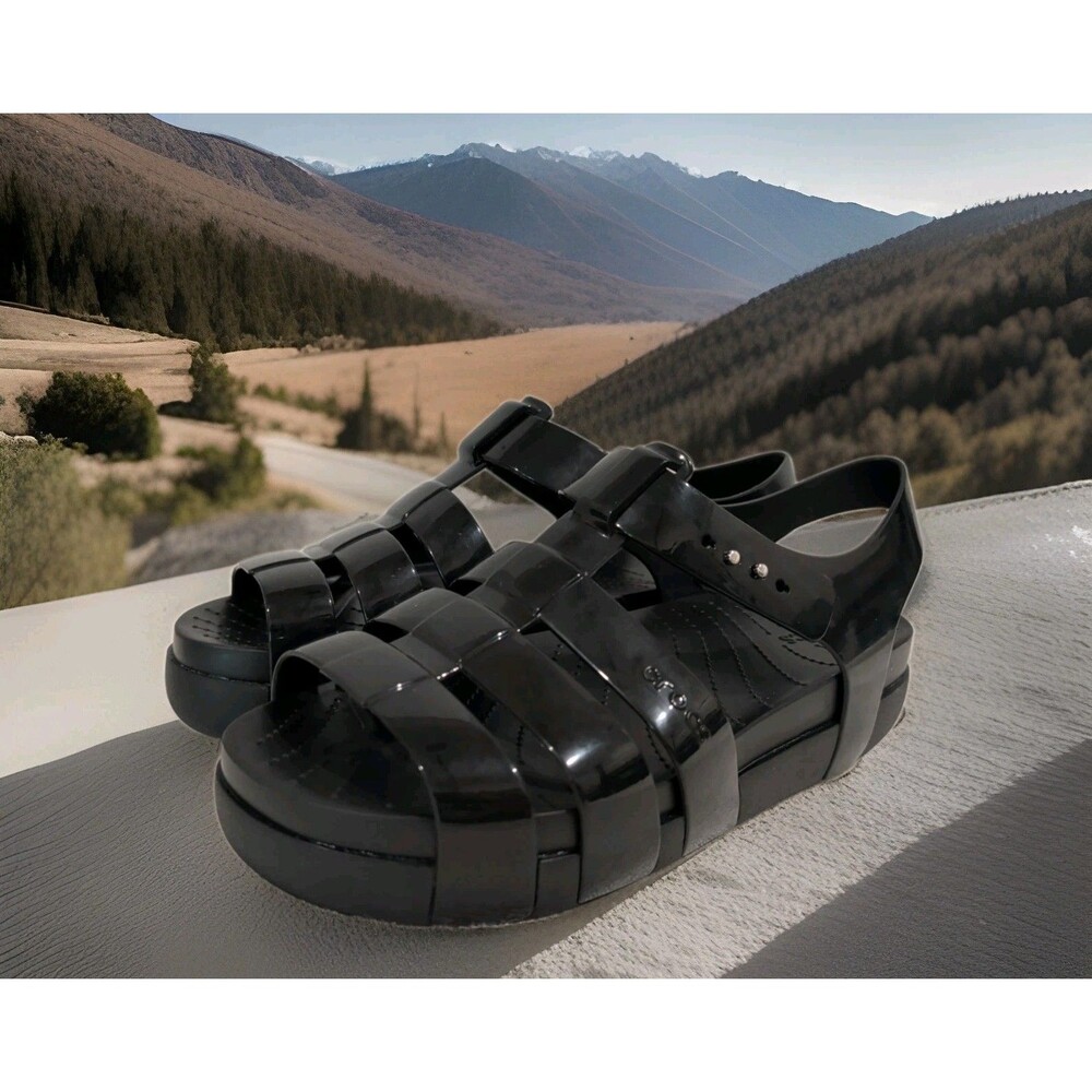 CROCS SPLASH GLOSSY FISHERMAN SANDALS ADJUSTABLE STRAP WOMEN'S SIZE 11 BLACK EUC